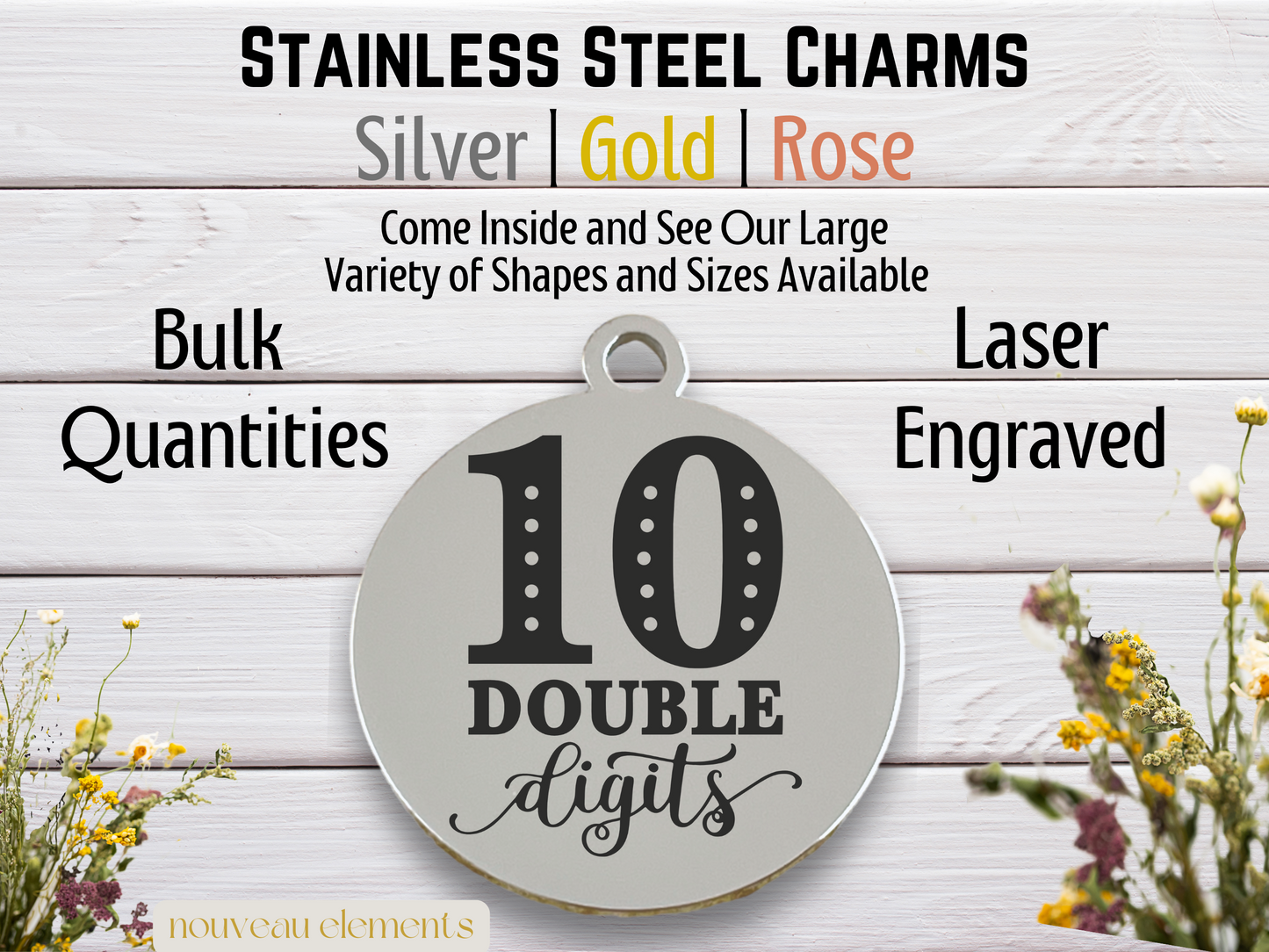 10 Double Digits | Laser Engraved Stainless Steel, Bulk Charms, Jewelry Supplies