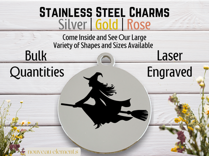 Witch Flying on Broom | Laser Engraved Stainless Steel Charm