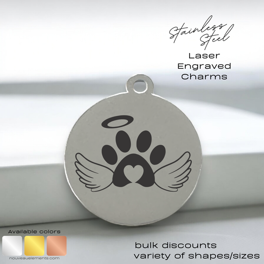 Angel Dog Paw Wing |  Laser Engraved Stainless Steel Charm