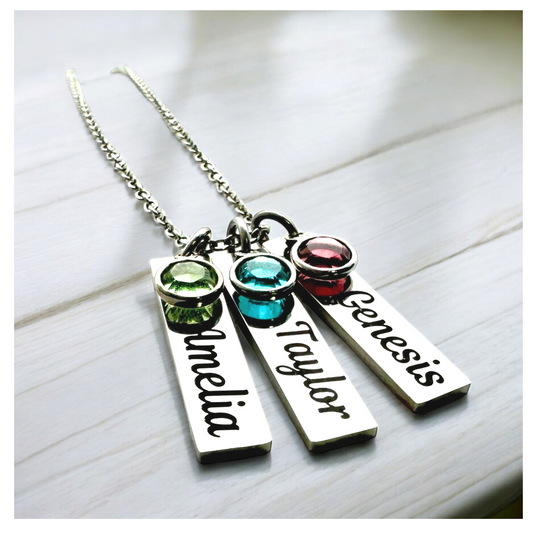 Engraved Name & Birthstone Stainless Steel Necklace