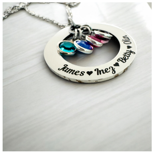 Circle of Love Engraved Washer Necklace with birthstones