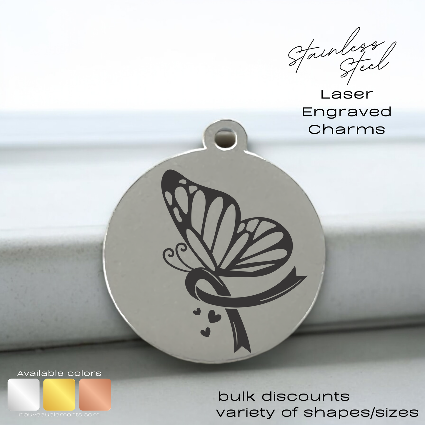 Butterfly Cancer Awareness Ribbon | Laser Engraved Stainless Steel Charm